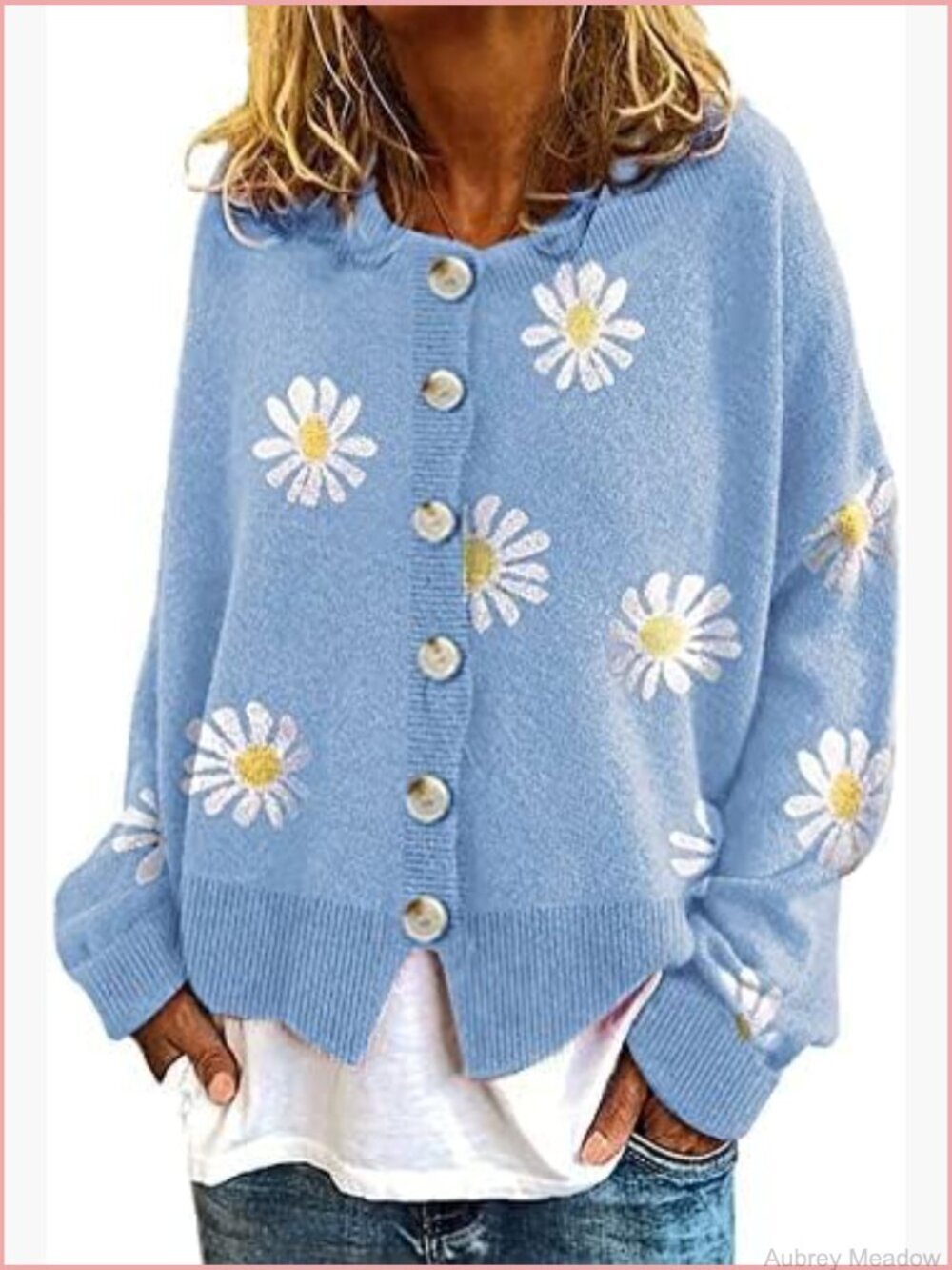 Oversized Cropped Cardigan Sweater Floral Print Cable Knit Button Down